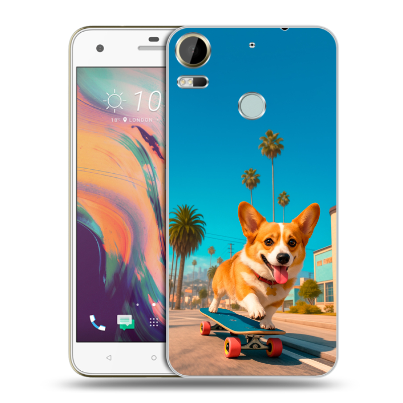 Силиконовый чехол на HTC Desire 10 Pro с принтом Корги на скейте Силиконовый чехол на HTC Desire 10 Pro с принтом Корги на скейте