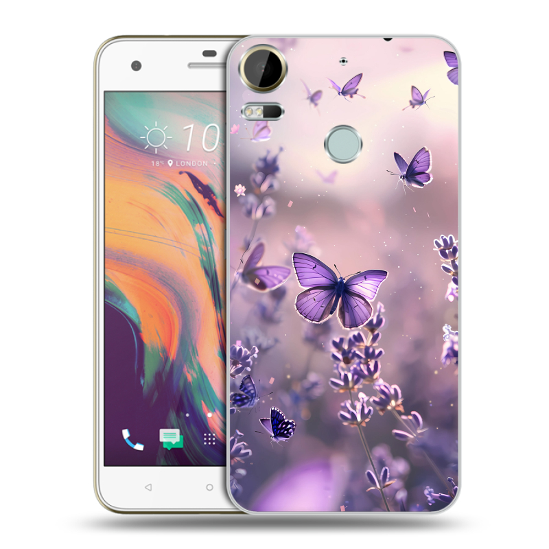 Силиконовый чехол на HTC Desire 10 Pro с принтом бабочки и лаванда Силиконовый чехол на HTC Desire 10 Pro с принтом бабочки и лаванда