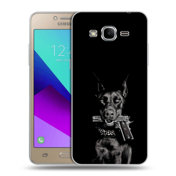 Силиконовый противоударный чехол на Samsung Galaxy J2 Prime с принтом Доберман и пистолет