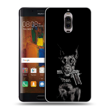 Пластиковый чехол на Huawei Mate 9 Pro с принтом Доберман и пистолет Пластиковый чехол на Huawei Mate 9 Pro с принтом Доберман и пистолет