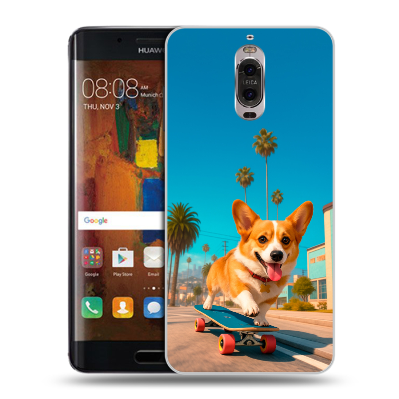 Пластиковый чехол на Huawei Mate 9 Pro с принтом Корги на скейте Пластиковый чехол на Huawei Mate 9 Pro с принтом Корги на скейте