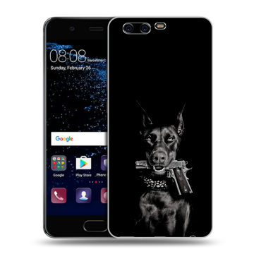 Силиконовый чехол на Huawei P10 с принтом Доберман и пистолет