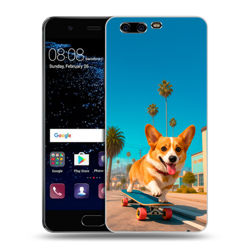 Силиконовый чехол на Huawei P10 с принтом Корги на скейте Силиконовый чехол на Huawei P10 с принтом Корги на скейте