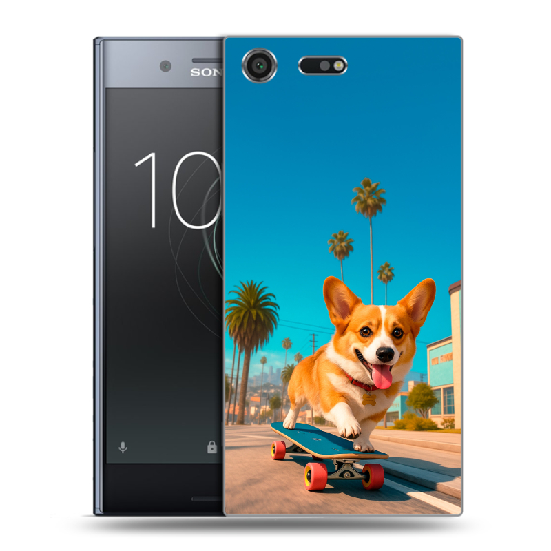 Силиконовый чехол на Sony Xperia XZ Premium с принтом Корги на скейте Силиконовый чехол на Sony Xperia XZ Premium с принтом Корги на скейте