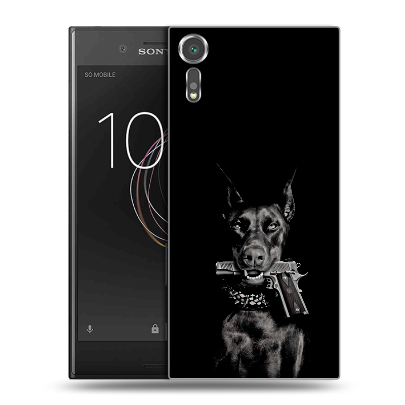 Пластиковый чехол на Sony Xperia XZs с принтом Доберман и пистолет Пластиковый чехол на Sony Xperia XZs с принтом Доберман и пистолет