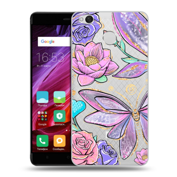 Силиконовый противоударный чехол на Xiaomi RedMi 4X с принтом Бабочки и цветы Силиконовый противоударный чехол на Xiaomi RedMi 4X с принтом Бабочки и цветы