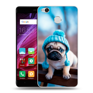 Силиконовый противоударный чехол на Xiaomi RedMi 4X с принтом Мопс в шапке Силиконовый противоударный чехол на Xiaomi RedMi 4X с принтом Мопс в шапке
