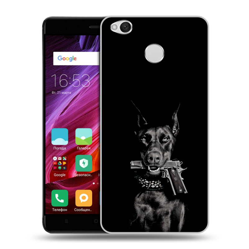 Силиконовый противоударный чехол на Xiaomi RedMi 4X с принтом Доберман и пистолет Силиконовый противоударный чехол на Xiaomi RedMi 4X с принтом Доберман и пистолет