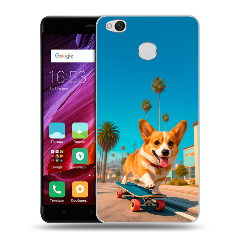 Силиконовый противоударный чехол на Xiaomi RedMi 4X с принтом Корги на скейте Силиконовый противоударный чехол на Xiaomi RedMi 4X с принтом Корги на скейте