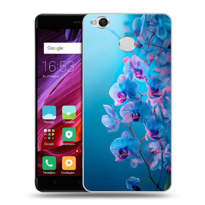 Силиконовый противоударный чехол на Xiaomi RedMi 4X с принтом голубые орхидеи Силиконовый противоударный чехол на Xiaomi RedMi 4X с принтом голубые орхидеи