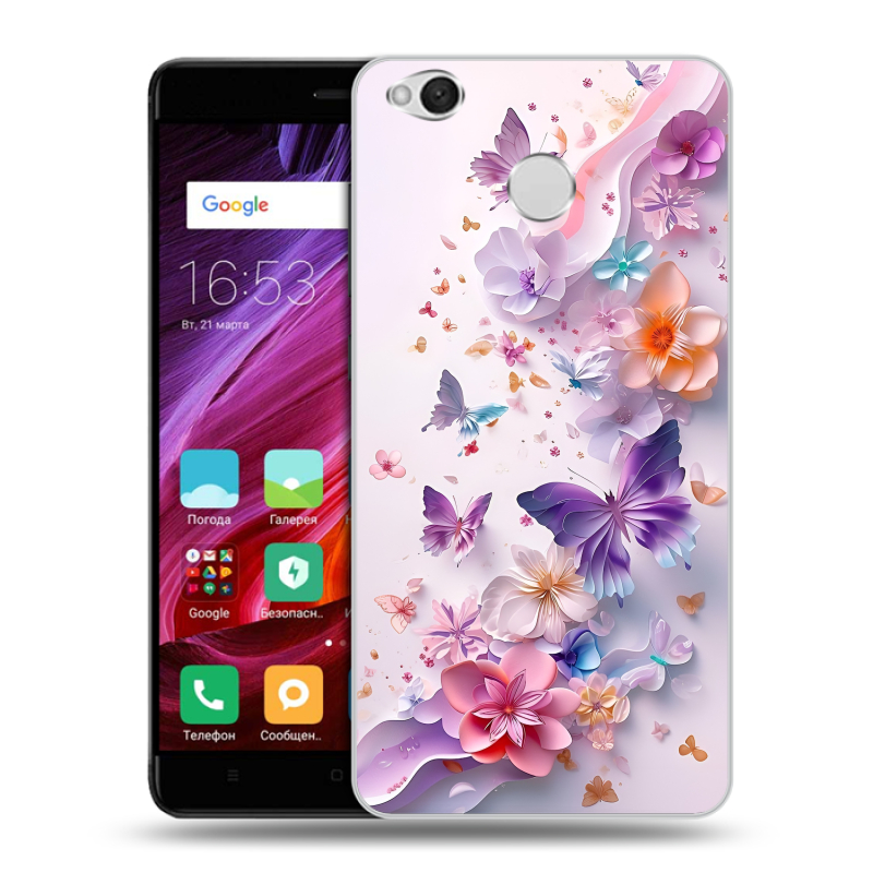 Силиконовый противоударный чехол на Xiaomi RedMi 4X с принтом цветы бабочки Силиконовый противоударный чехол на Xiaomi RedMi 4X с принтом цветы бабочки