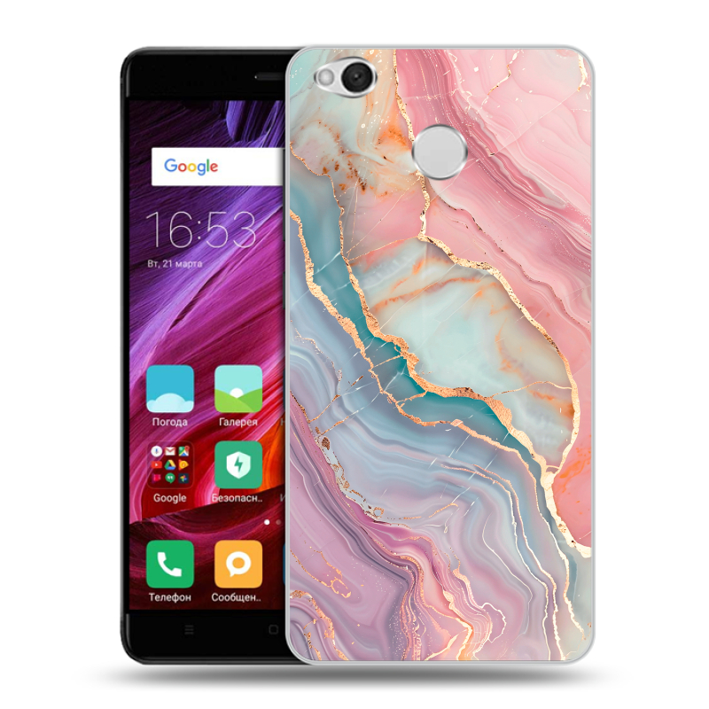 Силиконовый противоударный чехол на Xiaomi RedMi 4X с принтом розовый мрамор Силиконовый противоударный чехол на Xiaomi RedMi 4X с принтом розовый мрамор