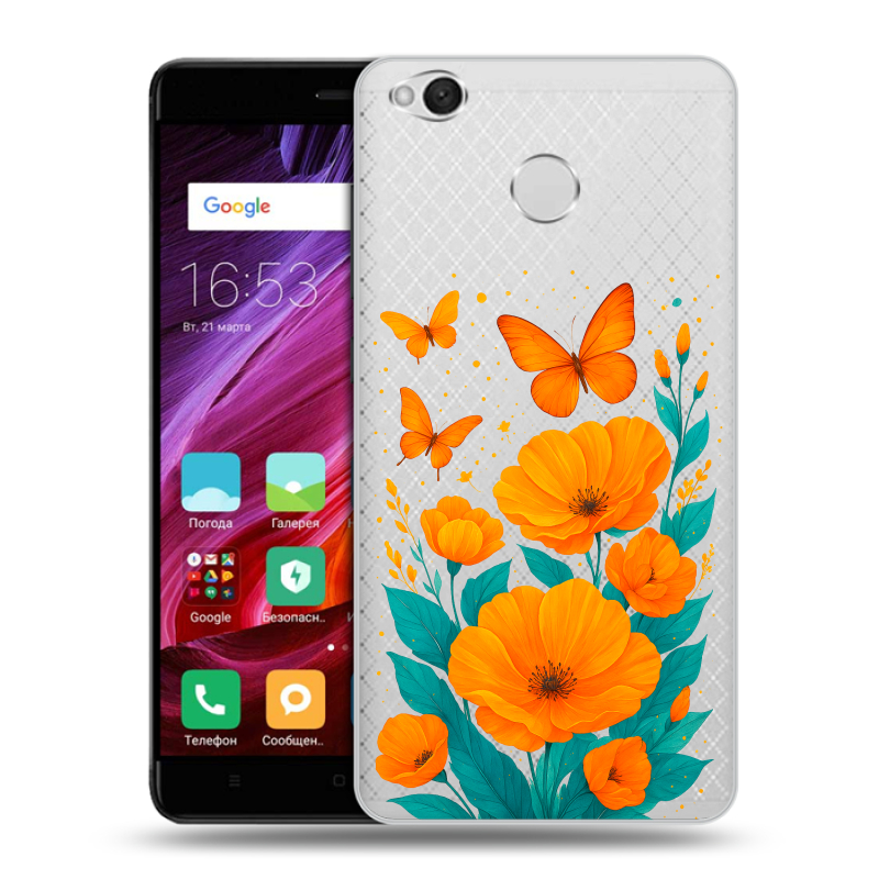 Силиконовый противоударный чехол на Xiaomi RedMi 4X с принтом цветы бабочки Силиконовый противоударный чехол на Xiaomi RedMi 4X с принтом цветы бабочки