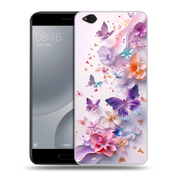 Пластиковый чехол на Xiaomi Mi5C с принтом цветы бабочки Пластиковый чехол на Xiaomi Mi5C с принтом цветы бабочки
