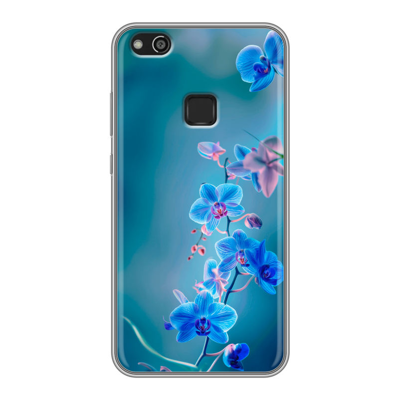 Силиконовый противоударный чехол на Huawei P10 Lite с принтом Голубые цветы Силиконовый противоударный чехол на Huawei P10 Lite с принтом Голубые цветы
