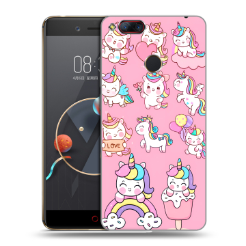 Пластиковый чехол на ZTE Nubia Z17 Mini с принтом Единороги и радуга