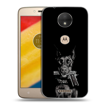 Пластиковый чехол на Motorola Moto C с принтом Доберман и пистолет