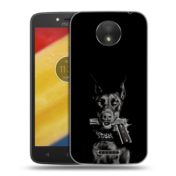 Силиконовый чехол на Motorola Moto C Plus с принтом Доберман и пистолет Силиконовый чехол на Motorola Moto C Plus с принтом Доберман и пистолет