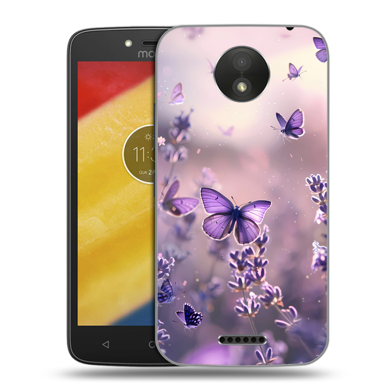 Силиконовый чехол на Motorola Moto C Plus с принтом бабочки и лаванда Силиконовый чехол на Motorola Moto C Plus с принтом бабочки и лаванда