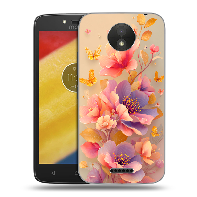 Силиконовый чехол на Motorola Moto C Plus с принтом Цветы и бабочки Силиконовый чехол на Motorola Moto C Plus с принтом Цветы и бабочки