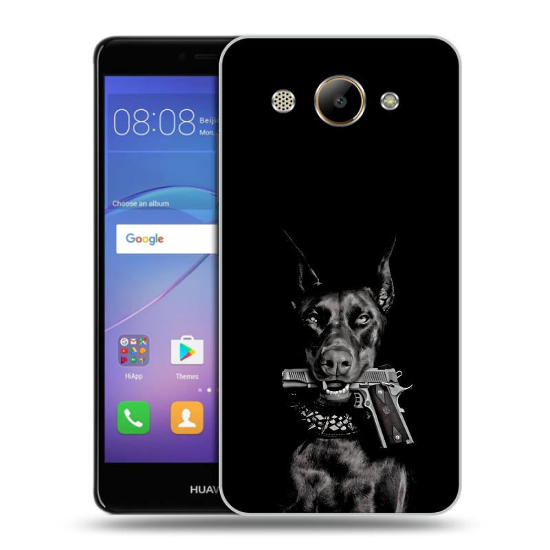 Силиконовый чехол на Huawei Y3 (2017) с принтом Доберман и пистолет Силиконовый чехол на Huawei Y3 (2017) с принтом Доберман и пистолет