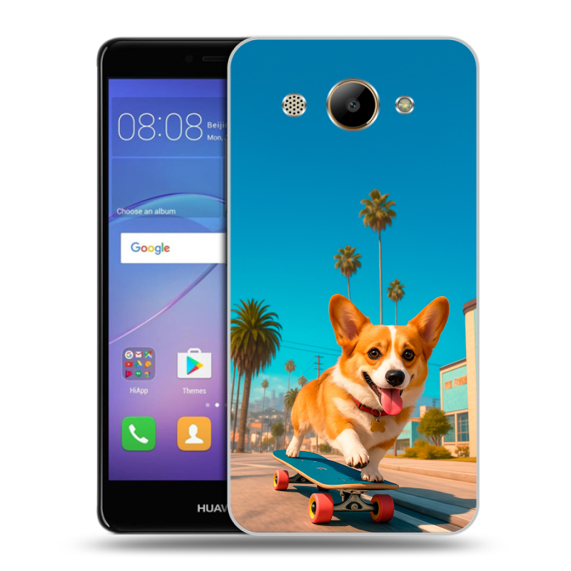 Пластиковый чехол на Huawei Y3 (2017) с принтом Корги на скейте Пластиковый чехол на Huawei Y3 (2017) с принтом Корги на скейте