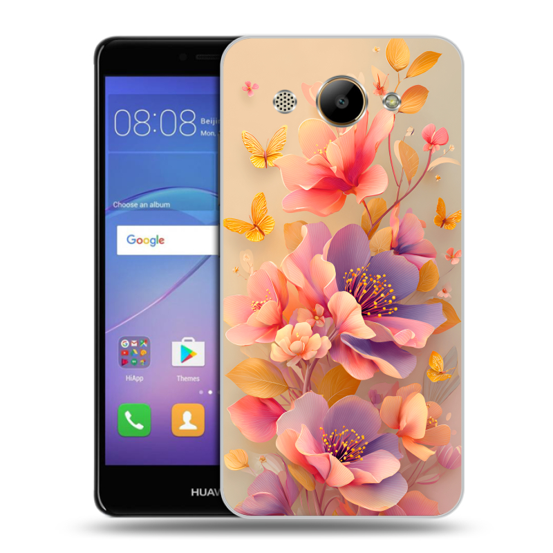 Пластиковый чехол на Huawei Y3 (2017) с принтом Цветы и бабочки Пластиковый чехол на Huawei Y3 (2017) с принтом Цветы и бабочки