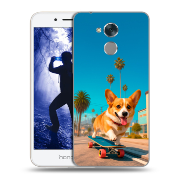 Силиконовый противоударный чехол на Huawei Honor 6A с принтом Корги на скейте Силиконовый противоударный чехол на Huawei Honor 6A с принтом Корги на скейте