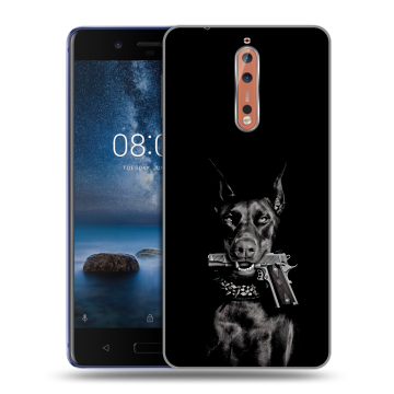 Пластиковый чехол на Nokia 8 с принтом Доберман и пистолет Пластиковый чехол на Nokia 8 с принтом Доберман и пистолет