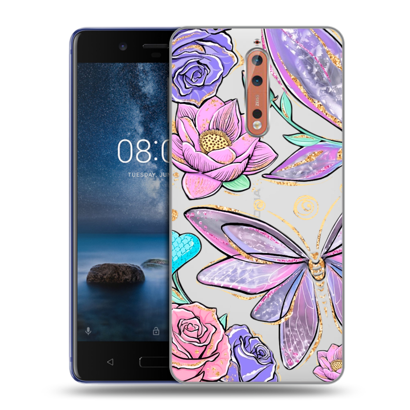 Пластиковый чехол на Nokia 8 с принтом Бабочки и цветы Пластиковый чехол на Nokia 8 с принтом Бабочки и цветы