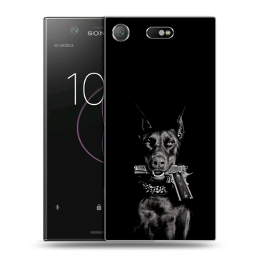 Пластиковый чехол на Sony Xperia XZ1 Compact с принтом Доберман и пистолет Пластиковый чехол на Sony Xperia XZ1 Compact с принтом Доберман и пистолет