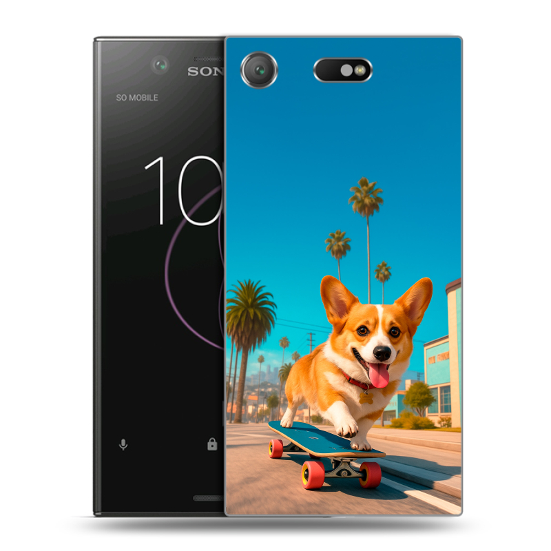 Пластиковый чехол на Sony Xperia XZ1 Compact с принтом Корги на скейте Пластиковый чехол на Sony Xperia XZ1 Compact с принтом Корги на скейте