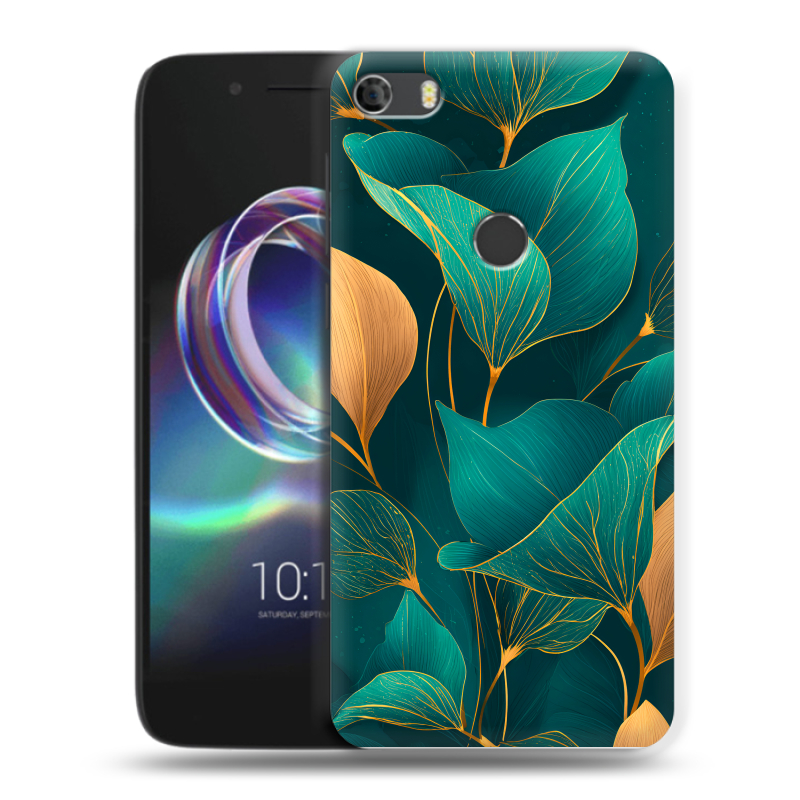 Силиконовый чехол на Alcatel Idol 5 с принтом Листья и золото Силиконовый чехол на Alcatel Idol 5 с принтом Листья и золото