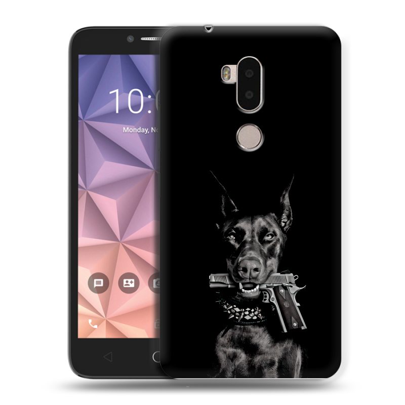 Силиконовый чехол на Alcatel A7 XL с принтом Доберман и пистолет Силиконовый чехол на Alcatel A7 XL с принтом Доберман и пистолет