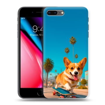 Силиконовый чехол на Iphone 8 Plus с принтом Корги на скейте Силиконовый чехол на Iphone 8 Plus с принтом Корги на скейте
