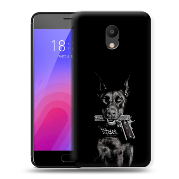 Пластиковый чехол на Meizu M6 с принтом Доберман и пистолет