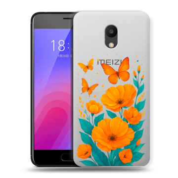 Пластиковый чехол на Meizu M6 с принтом цветы бабочки