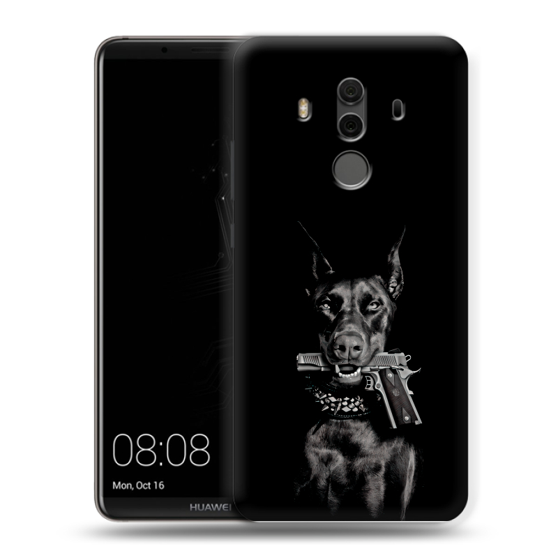 Силиконовый чехол на Huawei Mate 10 Pro с принтом Доберман и пистолет Силиконовый чехол на Huawei Mate 10 Pro с принтом Доберман и пистолет