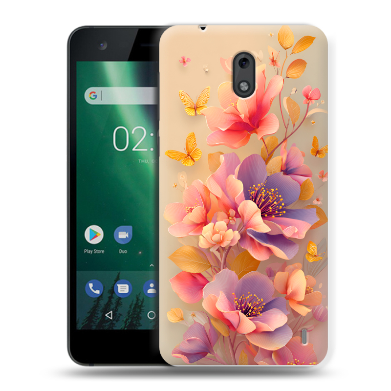 Силиконовый чехол на Nokia 2 с принтом Цветы и бабочки Силиконовый чехол на Nokia 2 с принтом Цветы и бабочки