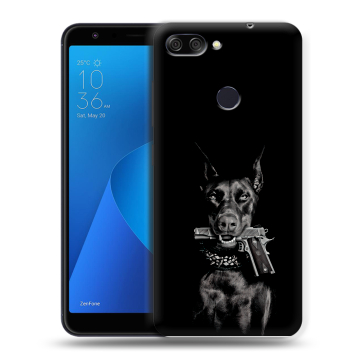 Пластиковый чехол на ASUS ZenFone Max Plus M1 с принтом Доберман и пистолет Пластиковый чехол на ASUS ZenFone Max Plus M1 с принтом Доберман и пистолет