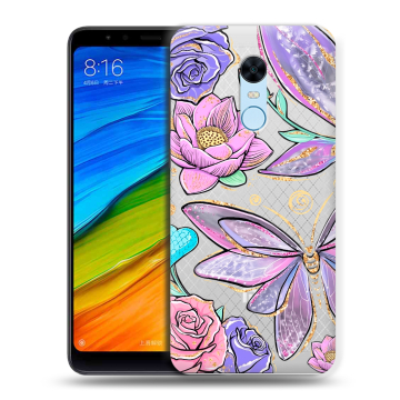 Силиконовый противоударный чехол на Xiaomi RedMi 5 Plus с принтом Бабочки и цветы Силиконовый противоударный чехол на Xiaomi RedMi 5 Plus с принтом Бабочки и цветы