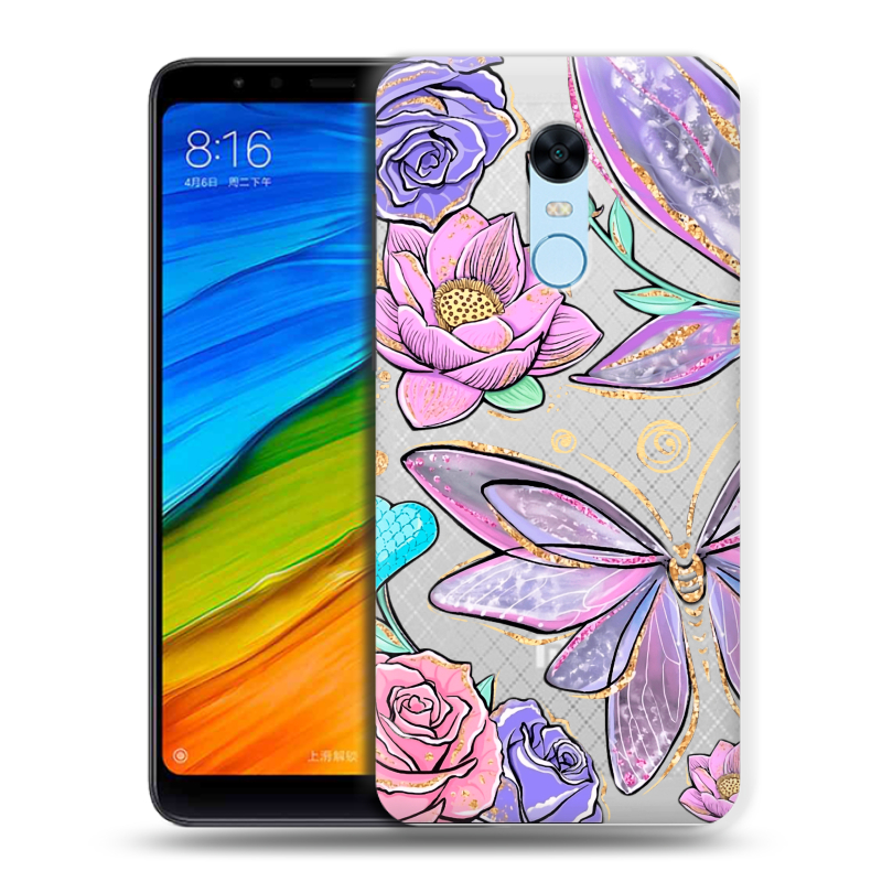 Пластиковый чехол на Xiaomi RedMi 5 Plus с принтом Бабочки и цветы Пластиковый чехол на Xiaomi RedMi 5 Plus с принтом Бабочки и цветы