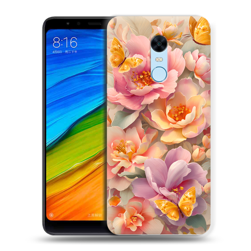 Пластиковый чехол на Xiaomi RedMi 5 Plus с принтом Цветы и бабочки Пластиковый чехол на Xiaomi RedMi 5 Plus с принтом Цветы и бабочки