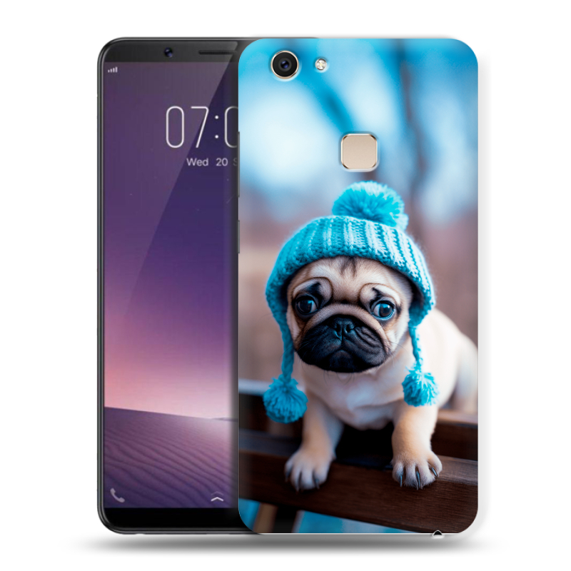 Пластиковый чехол на Vivo V7 Plus с принтом Мопс в шапке Пластиковый чехол на Vivo V7 Plus с принтом Мопс в шапке