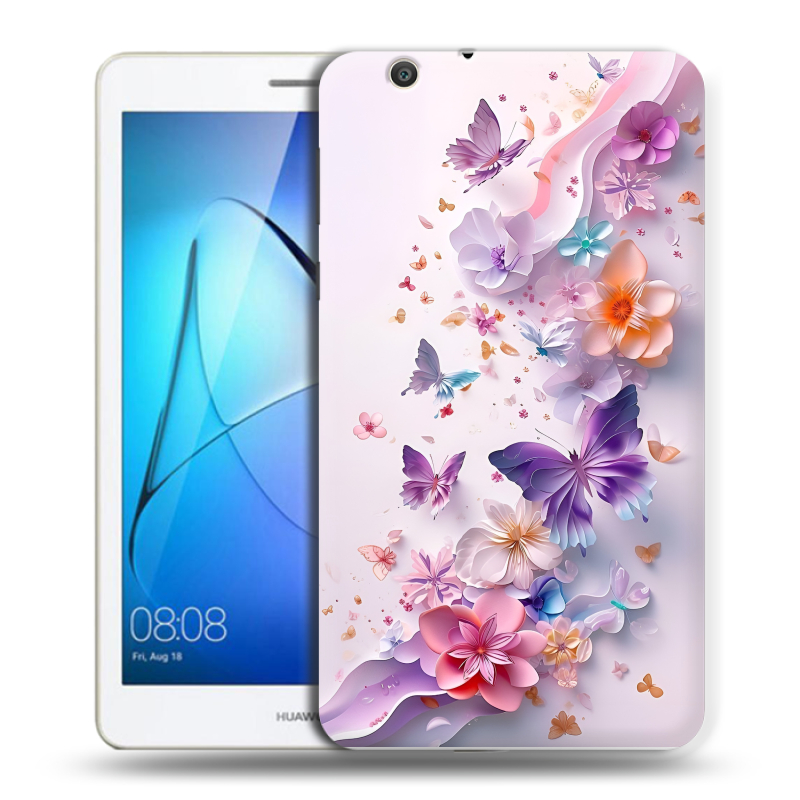 Силиконовый чехол на Huawei MediaPad T3 7 3G с принтом цветы бабочки Силиконовый чехол на Huawei MediaPad T3 7 3G с принтом цветы бабочки