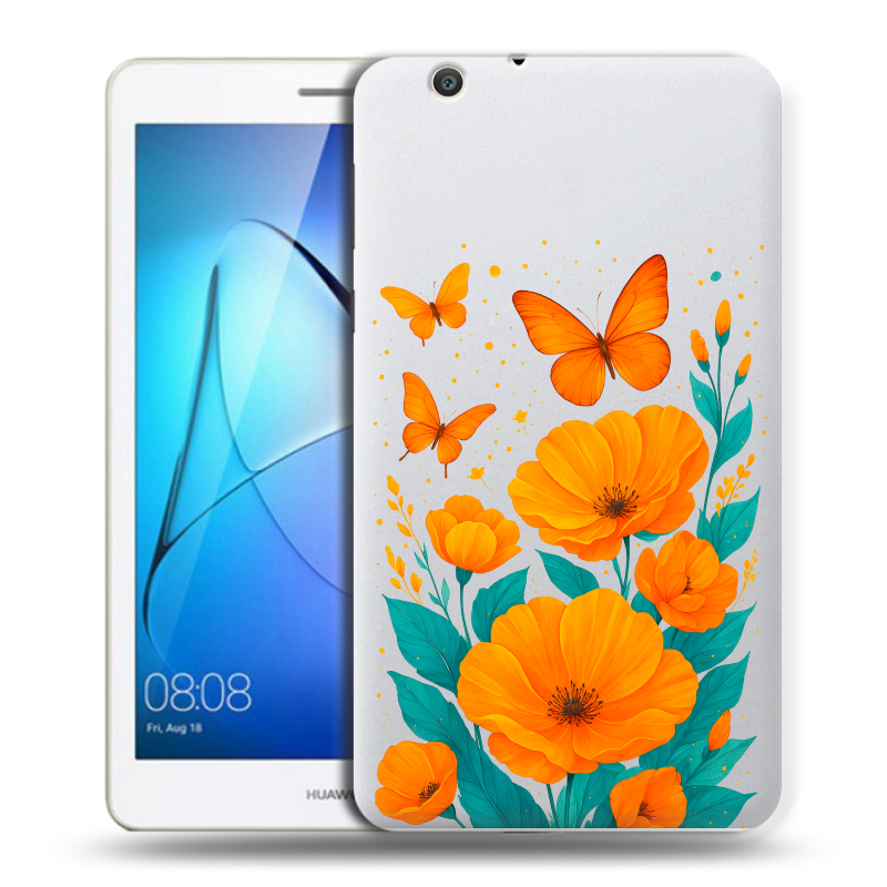 Силиконовый чехол на Huawei MediaPad T3 7 3G с принтом цветы бабочки Силиконовый чехол на Huawei MediaPad T3 7 3G с принтом цветы бабочки