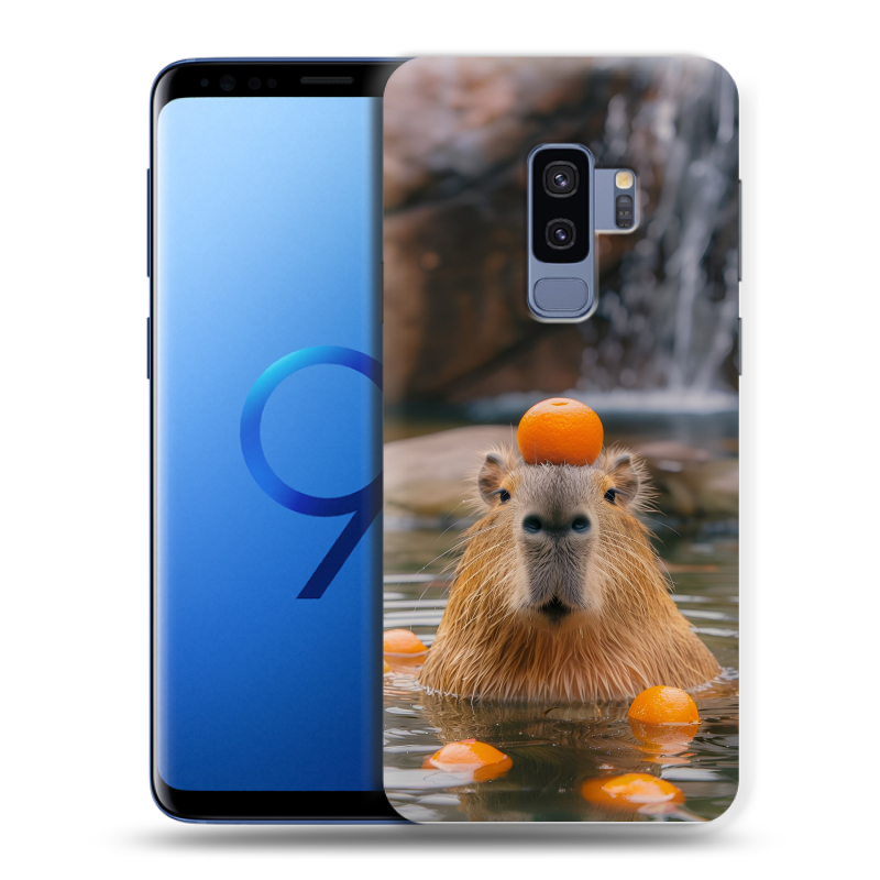 Силиконовый противоударный чехол на Samsung Galaxy S9 Plus с принтом Капибара с апельсином Силиконовый противоударный чехол на Samsung Galaxy S9 Plus с принтом Капибара с апельсином