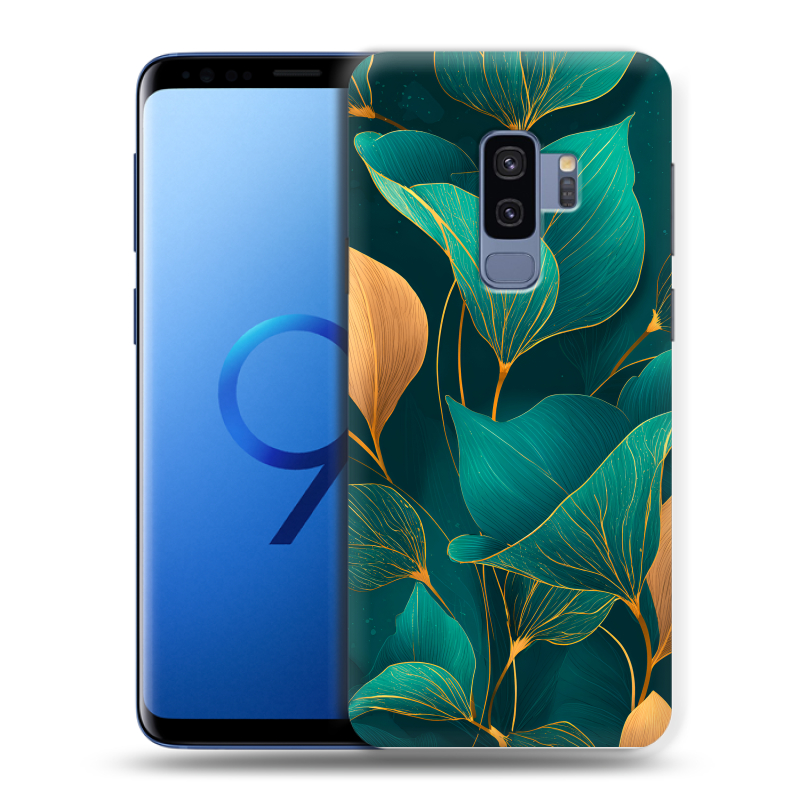Силиконовый противоударный чехол на Samsung Galaxy S9 Plus с принтом Листья и золото Силиконовый противоударный чехол на Samsung Galaxy S9 Plus с принтом Листья и золото