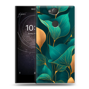 Силиконовый противоударный чехол на Sony Xperia XA2 с принтом Листья и золото