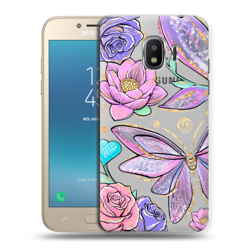 Силиконовый противоударный чехол на Samsung Galaxy J2 (2018) с принтом Бабочки и цветы Силиконовый противоударный чехол на Samsung Galaxy J2 (2018) с принтом Бабочки и цветы